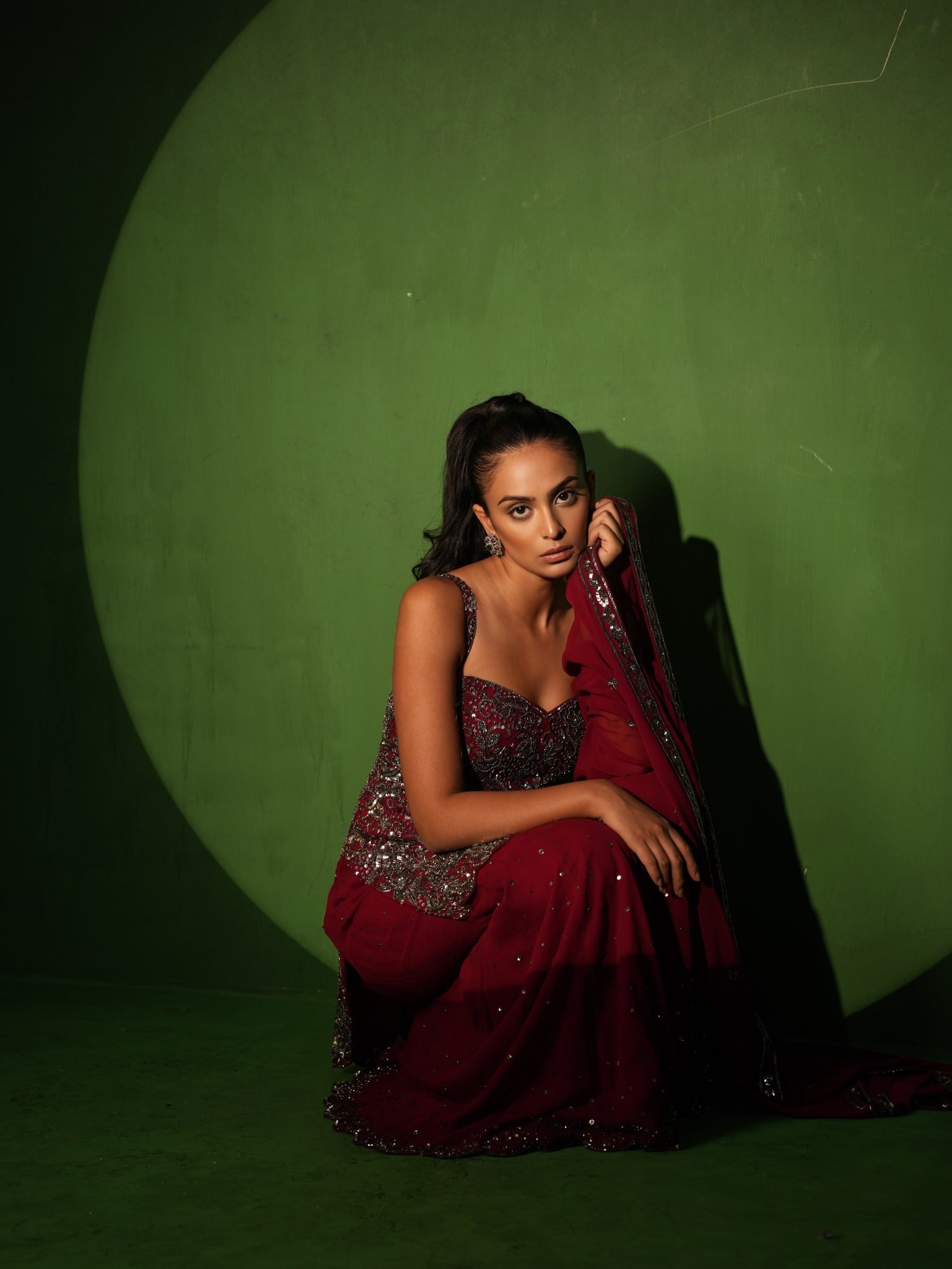 Wine Hand Embroidered Sharara Set seated look